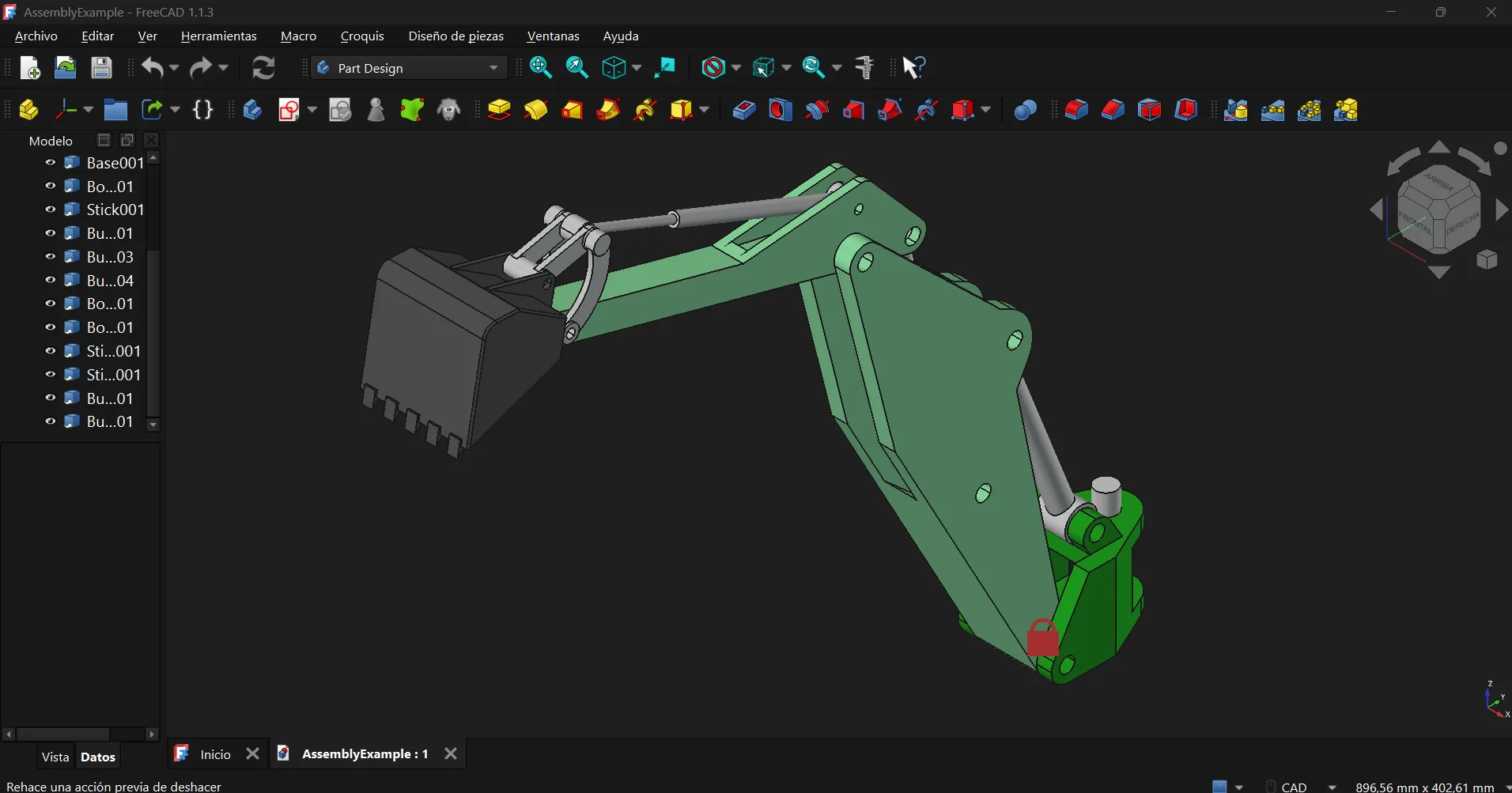 Excavator arm assembly open in FreeCAD 1.1, with the model tree on the left